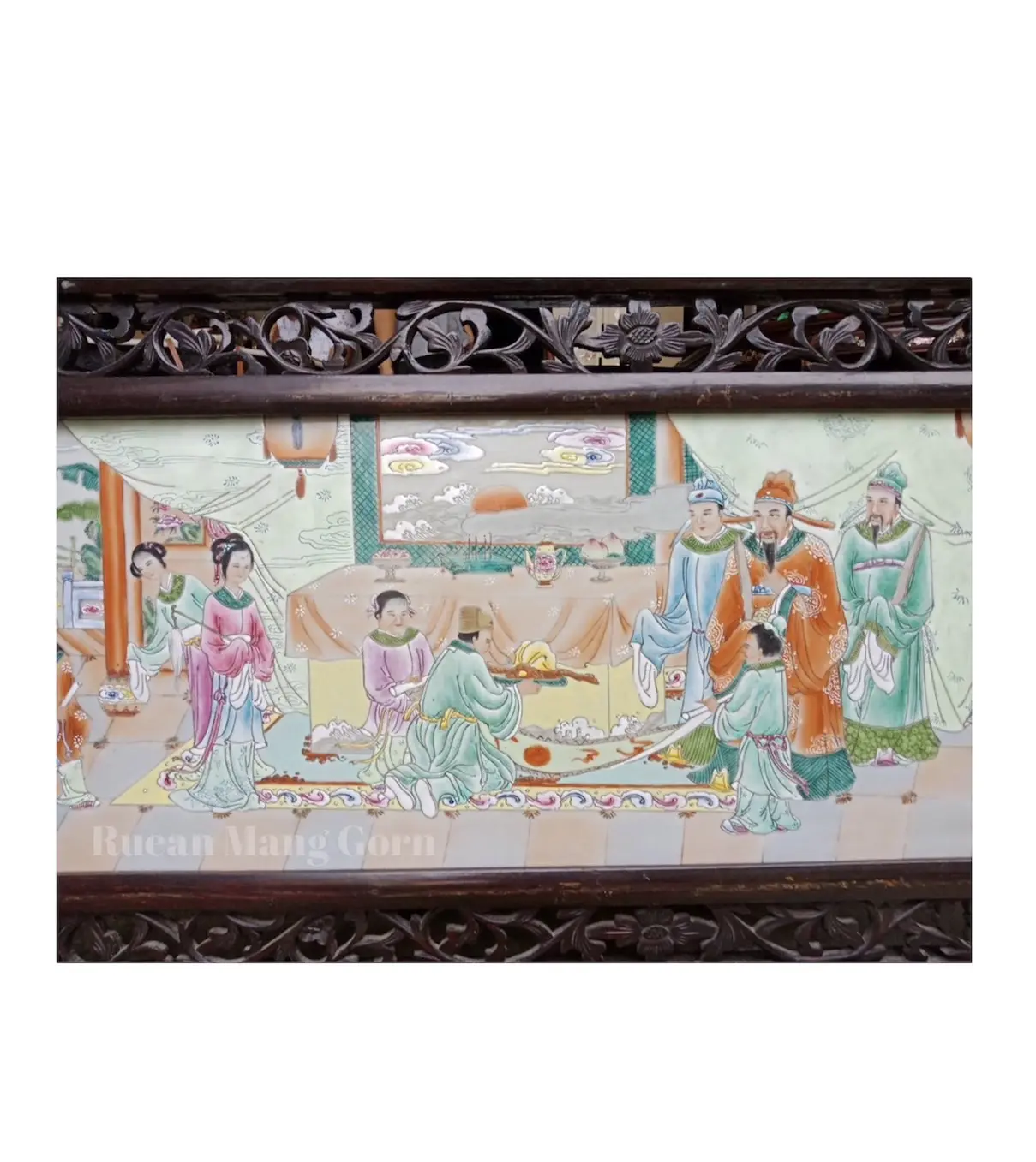 Vintage Chinese Fen Cai Wood Frame Chinese noble inauguration ceremony Painting Porcelain Plaques Hand Made Premium Quality