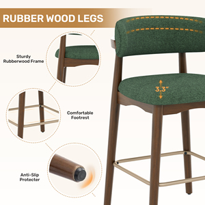 Chaise de bar en tissu écologique durable avec structure en bois massif, dossier de 26,5 pouces de hauteur, idéale pour îlots de cuisine et zones repas - Product Image 5