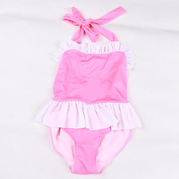 Maillot de bain une pièce rose doux pour bébé et jeune fille, avec volants au cou et nœud papillon, sans manches
