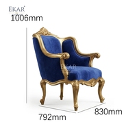 Fauteuil Bergère à dossier haut en velours saphir Versailles |   Fauteuil classique français doré de luxe - EKAR