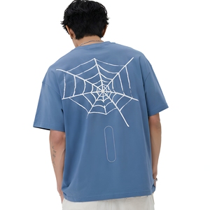 เสื้อยืดโอเวอร์ไซส์ลายใยแมงมุม สไตล์สตรีทแวร์ ผ้าคอตตอนหนา สีน้ำเงิน ทรงไหล่ตก สไตล์ฮิปฮอป - Product Image 2