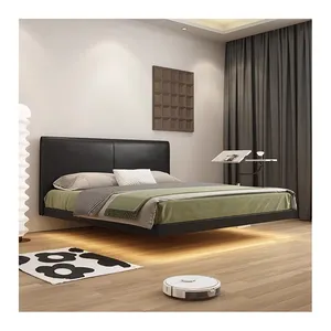 King and Queen Double Size Futuristic Wood and Leather Platform Floating Bed LED Lighted Bedroom Furniture Set with Storage