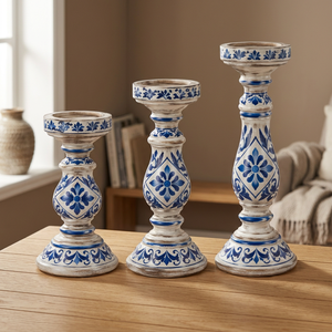 Lot de 3 bougeoirs Hurricane en bois de manguier majolique peints à la main, écologiques et durables, pour la décoration intérieure (vente en gros) - Product Image 2