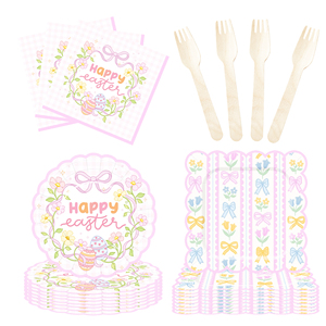DAMAI HAPPY <b>EASTER</b> Party Supplies Pastel Bow Themed Tableware Set for Scalloped Paper Plates and <b>Cups</b> Napkins Sets - Product Image 3