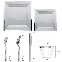 Ensemble de vaisselle jetable moderne en plastique pour fêtes, assiette carrée à double cercle plaquée or, couteau, fourchette, cuillère, verre à vin, bord doré