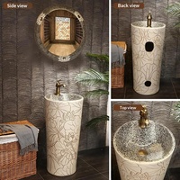 Lavabo sur pied monobloc extérieur en porcelaine bleu et blanc, style chinois moderne et minimaliste, pour balcon, monotrou