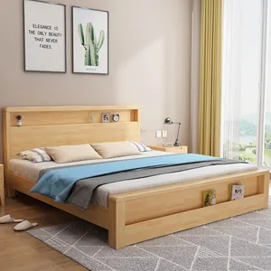 Cadre en bois massif pour lit Queen size avec plateau-forme, rangement, pour tête de lit amovible, pour hotel et locations