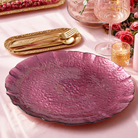 Assiettes de présentation rondes en verre faites à la main, de luxe moderne, couleurs personnalisées, transparentes avec bord doré pour mariage, directement de l'usine