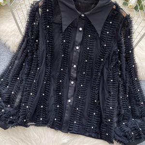 Blusa de manga farol plisada con incrustaciones de diamantes de alta resistencia para mujer, de un solo botón, a la moda - Product Image 6