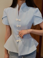 CJ - Nouvelle Blouse Printemps-Été Style Chinois à Col Montant Boutonné, Couleur Unie Écologique, Manches Courtes, Modèle Unique