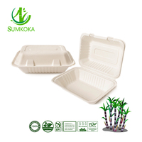 Boîte à clapet biodégradable Sumkoka ISO en bagasse de canne à sucre de qualité alimentaire 9*6 pouces, boîte à lunch en bagasse, conteneur alimentaire en bagasse