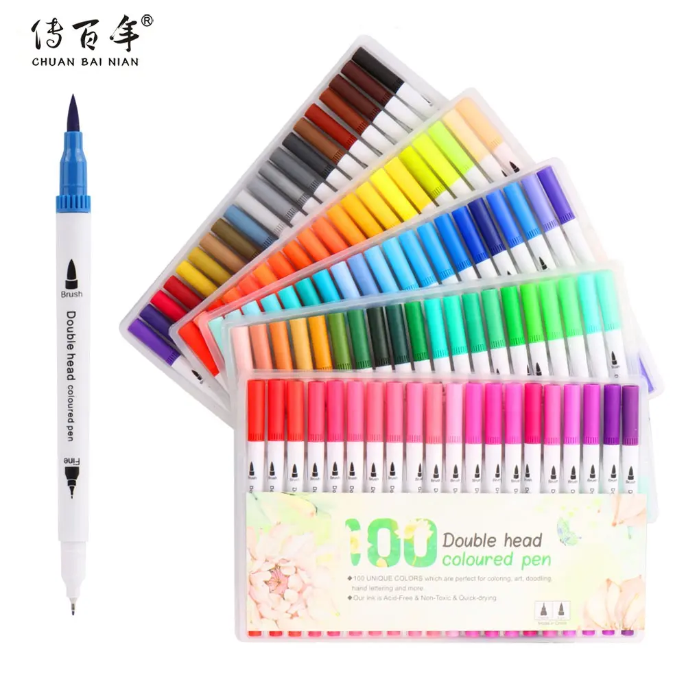 Schule Schreibwaren Liefert 100 Farben Kunst Marker Stifte Zeichnung Malerei Wasser-Basierend Dual Tip Pinsel Stift