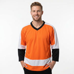 Maillot de hockey sur glace personnalisé orange uni, col en V, manches trois-quarts, impression sublimée sur le devant, respirant, 100% polyester, adulte unisexe - Product Image 1