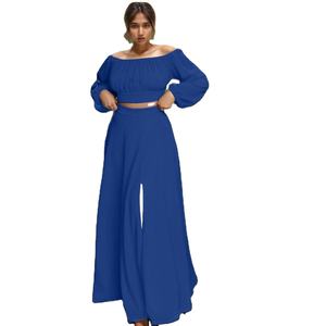 Price Solid Color Off Shoulder Long Sleeve Wide Leg <b>Pant</b> Set for Women Fashion - Product Image 1