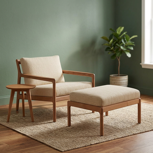 Solid Teak Wood Outdoor Lounge Chair with Matching Ottoman Cushioned Patio Armchair <b>Set</b> - Product Image 2