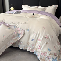 Ensemble de literie 4 pièces en soie lavée de luxe, broderie de papillons, housse de couette et drap en soie luxueux