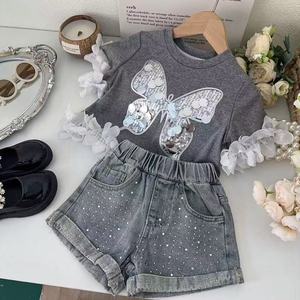 2025 New Arrival Korean Children Clothing Butterfly <strong>Sequined</strong> T Shirt Denim <strong>Shorts</strong> Two Piece Sets <strong>Kids</strong> Girls Summer Clothes - Product Image 2