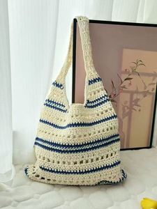 Custom Handmade Large Capacity Striped Cotton Knitted Women's Shoulder Tote Crochet Bag Niche <b>Woolen</b> Woven Fashionable Accessory - Product Image 5