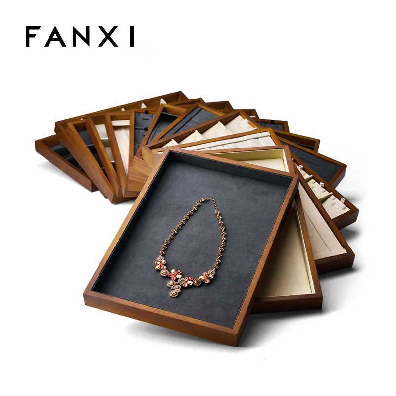 FANXI Wholesale Custom Jewelry Display Tray Wooden Beige Gray Ring Earring Pendant Display