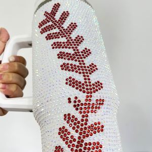 Trendy Baseball Print Rhinestone Bling 40oz <b>Yellow</b> White Double Walled Stainless Steel Tumbler with Lid and Straw - Product Image 3