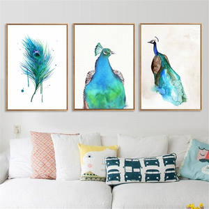 Affiche en toile de plume de <span class=keywords><strong>paon</strong></span> <span class=keywords><strong>bleu</strong></span>, peinture d'aquarelle, décor d'art à la maison, sans cadre - Product Image 1