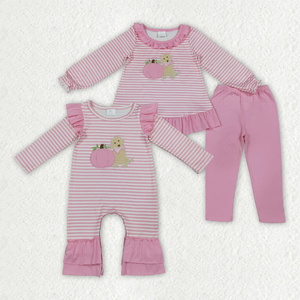 Conjuntos de Ropa para Niños al por Mayor, Bordados, Otoño, Calabaza, Perro, Rayas Rosas - Product Image 1