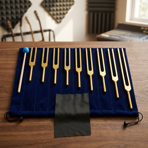 Ensemble de 9 diapasons Solfeggio dorés avec sac à marteaux en silicone pour la guérison et l'étalonnage des instruments de musique - Product Image 2