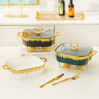 Ensemble de casseroles rectangulaires en céramique, 3 casseroles avec couvercle, support doré, compatible cuisinière à gaz, écologique, fond en acier inoxydable