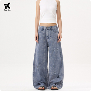 Cao cấp hấp dẫn đau khổ Thông tin chi tiết giản dị cong cắt baggy phù hợp với Mỹ Heavy Duty rửa cổ điển lỏng denim jeans - Product Image 6