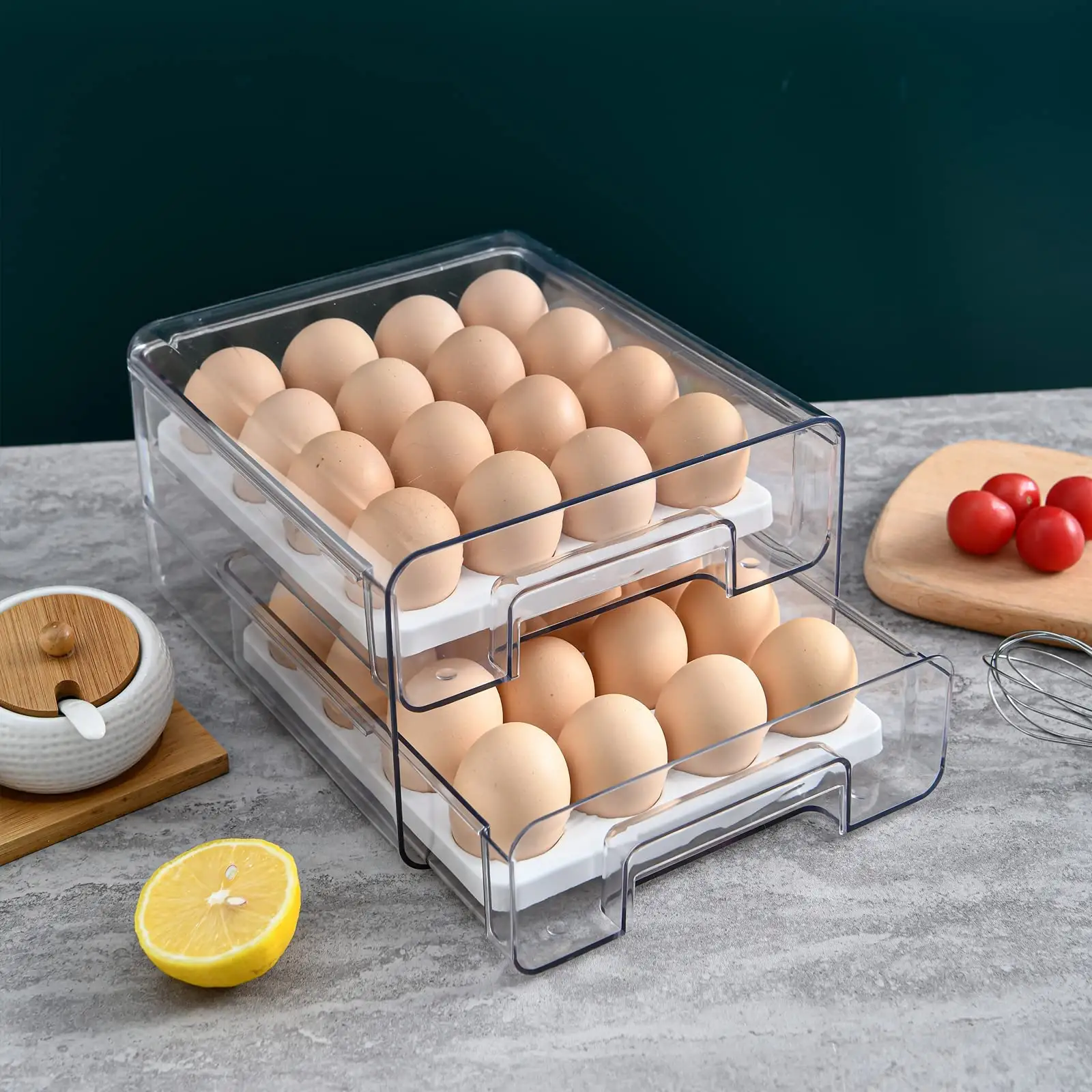 Peralatan makan 32 wadah telur, untuk penyimpanan kulkas, wadah telur bening untuk kulkas dapur lapisan ganda keranjang telur dengan tutup