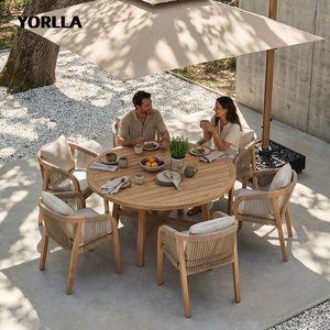 Teak legno Patio esterno tavolo e sedia Set per balcone tavolo da <span class=keywords><strong>giardino</strong></span> rotondo con 6 sedie per uso Villa o bagno - Product Image 1