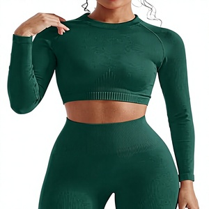 <b>Green</b> Seamless Yoga Set Women High Waist Leggings <b>Crop</b> <b>Top</b> Full <b>Sleeve</b> Sport Wear Two Piece Gym Outfit Stretchable Activewear - Product Image 1
