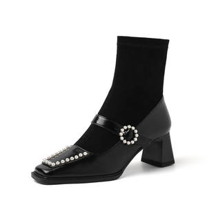 Botas de media pantorrilla ajustadas, modernas y versátiles para mujer, para otoño e invierno, con tacones gruesos. - Product Image 3