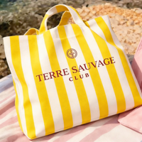 Sac de plage en toile réutilisable jaune rayé personnalisé avec logo, grand format, écologique, tendance, avec bandoulière, vente en gros