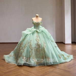 Rsm261096 Romantic Beaded Corset Gold Lace Applique Mint Green <b>Glitter</b> Tulle <b>Ball</b> Gown Quinceanera Dress Jancember - Product Image 3