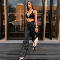 Style français femmes élégantes ensembles Sexy Satin gilets pantalon solide soie coupe basse haut taille haute jambe large 2 pièces pantalon ensemble pour les femmes