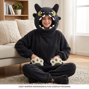 Pijama de una pieza con capucha de terciopelo coral cálido de invierno, diseño Dragón <span class=keywords><strong>Furia</strong></span> Nocturna de ojos grandes, estilo holgado, en stock - Product Image 1
