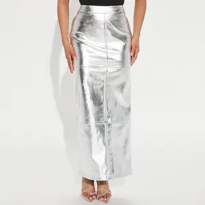 Nouvelle <span class=keywords><strong>jupe</strong></span> en <span class=keywords><strong>cuir</strong></span> vert à fente arrière avec fermeture éclair latérale, design tendance pour femmes, <span class=keywords><strong>jupe</strong></span> longue métallique Y2K - Product Image 1