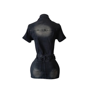 Nuova moda di alta qualità Mini <span class=keywords><strong>abito</strong></span> da donna a manica corta girocollo con bottone in <span class=keywords><strong>Denim</strong></span> con cintura vestito Casual da donna - Product Image 4