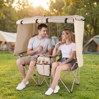 Chaise de camping pliable double kaki avec auvent, table latérale et poche, portable, pour extérieur et plage, pour couple