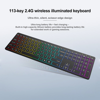 Nouveau clavier à membrane rétroéclairé LED rechargeable, 113 touches, sans fil 2.4G USB, ultra-fin, saisie silencieuse, touches multimédias pour PC portable