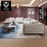2025 italien de luxe salon noyer cadre Beige tissu canapé ensemble appartement modulaire haute densité mousse grand panoramique