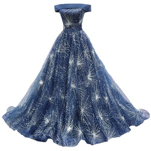 Off The Shoulder Evening Gown Dark Blue Sequins Glitter Full Length Formal Dress For Banquet Fashion Show Performance - Product Image 5