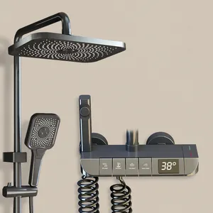 DQOK Ensemble de douche piano en cuivre gris pistolet noir 4 fonctions pommeau de douche pluie système de douche de salle de bain avec température