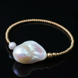 14K Gold Filled <b>Beaded</b> Open Cuff <b>Bracelet</b> Handcrafted High Luster Natural Baroque Freshwater Pearl Asymmetrical Bangle for Women - Product Image 2