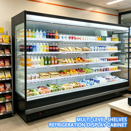 Commercial Multi Level Shelves Featuring Fruit Vegetable Refrigeration Display Cabinets for Supermarkets.