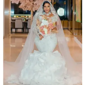 <span class=keywords><strong>Robe</strong></span> de mariée sirène sur mesure grande taille avec volants, traîne, manches longues scintillantes, perles et cristaux, style arabe Aso Ebi - Product Image 2