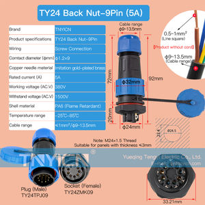 Lehim-ücretsiz su geçirmez hızlı bağlantı ortak tel bağlayıcı erkek kadın priz TY24 geri Nut-9P 5A dairesel kablo konnektörleri - Product Image 2