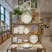 Service de table en céramique personnalisé motif palmier vert, assiettes en porcelaine fine de diverses formes, tasses à thé et à café, soucoupes, ensemble de vaisselle