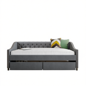 Divano letto imbottito grigio a grandezza naturale con supporto a doghe in legno e due cassetti, modello D0100HPII0V - Product Image 1